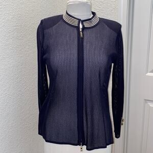 Misook Mesh Zipper Jacket Navy & Gold EUC Sz S Acrylic Navy Blue Cream Acrylic
